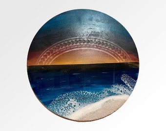 Sunset Siapo | Wood Round Wall Decor | 16" Polynesian Themed