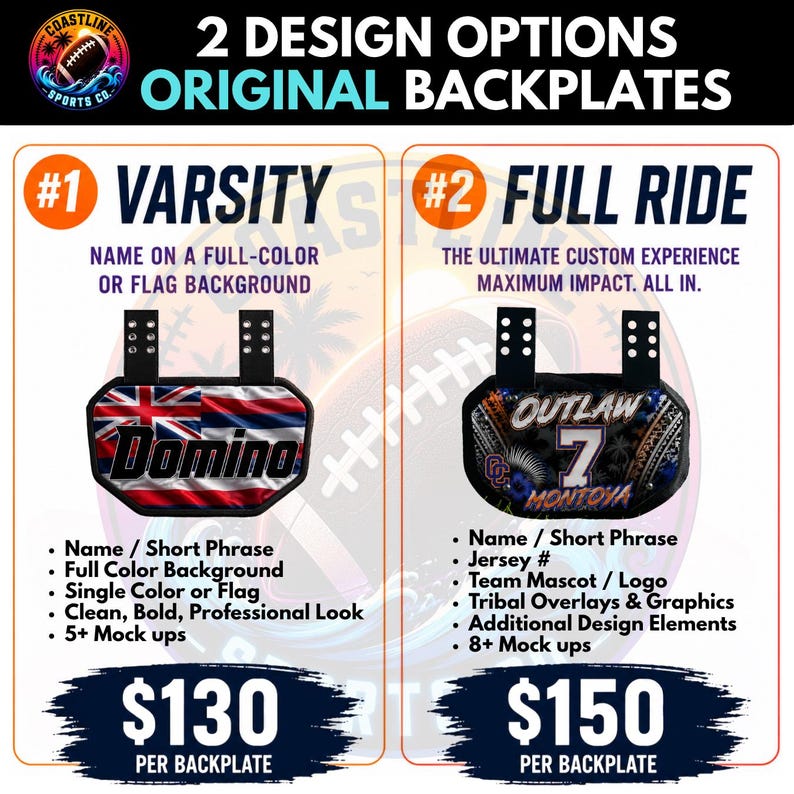 May include: Two custom football backplate design options. Option 1 features a Hawaii state flag background with the name Domino. Option 2 displays a dark graphic with the name Outlaw, the number 7, and the name Montoya. Both include black straps.