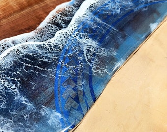 Tapa Cloth Blue Holographic Painted Charcuterie Board Polynesian Inspired Resin Waves