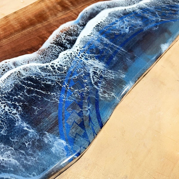 Tapa Cloth Blue Holographic Painted Charcuterie Board Polynesian Inspired Resin Waves