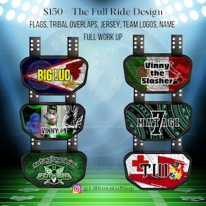May include: Six custom football back plates arranged in two vertical columns. Each plate features unique graphic designs including national flags, tribal patterns, team logos, and player names like BIG LUC, VINNY #9, MATAGI, and TUI.