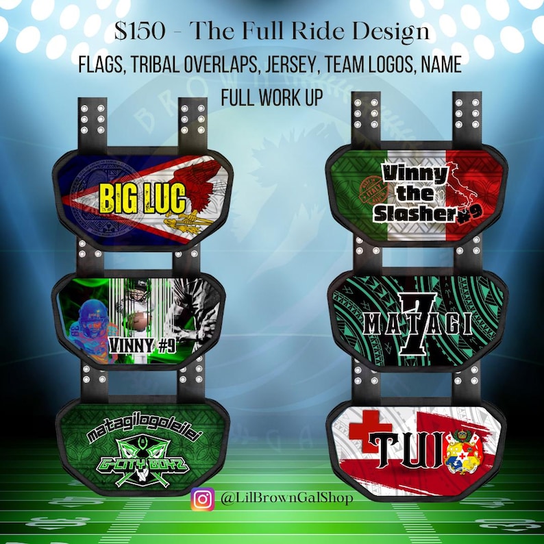 May include: Six custom football back plates arranged in two vertical columns. Each plate features unique graphic designs including national flags, tribal patterns, team logos, and player names like BIG LUC, VINNY #9, MATAGI, and TUI.