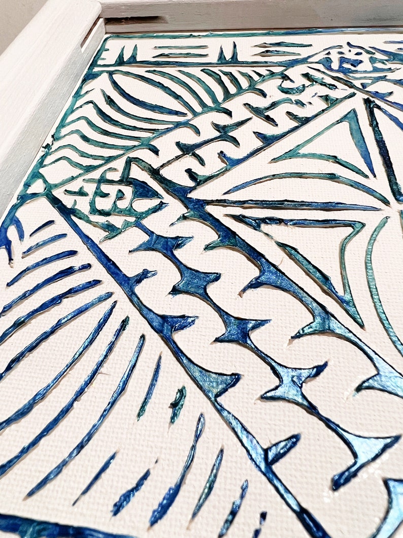 3D Textur Tapa Tuch Traditionelles Muster aus ECHT Holz Siapo Schablone Blau/Petrol Leinwand Bild 3