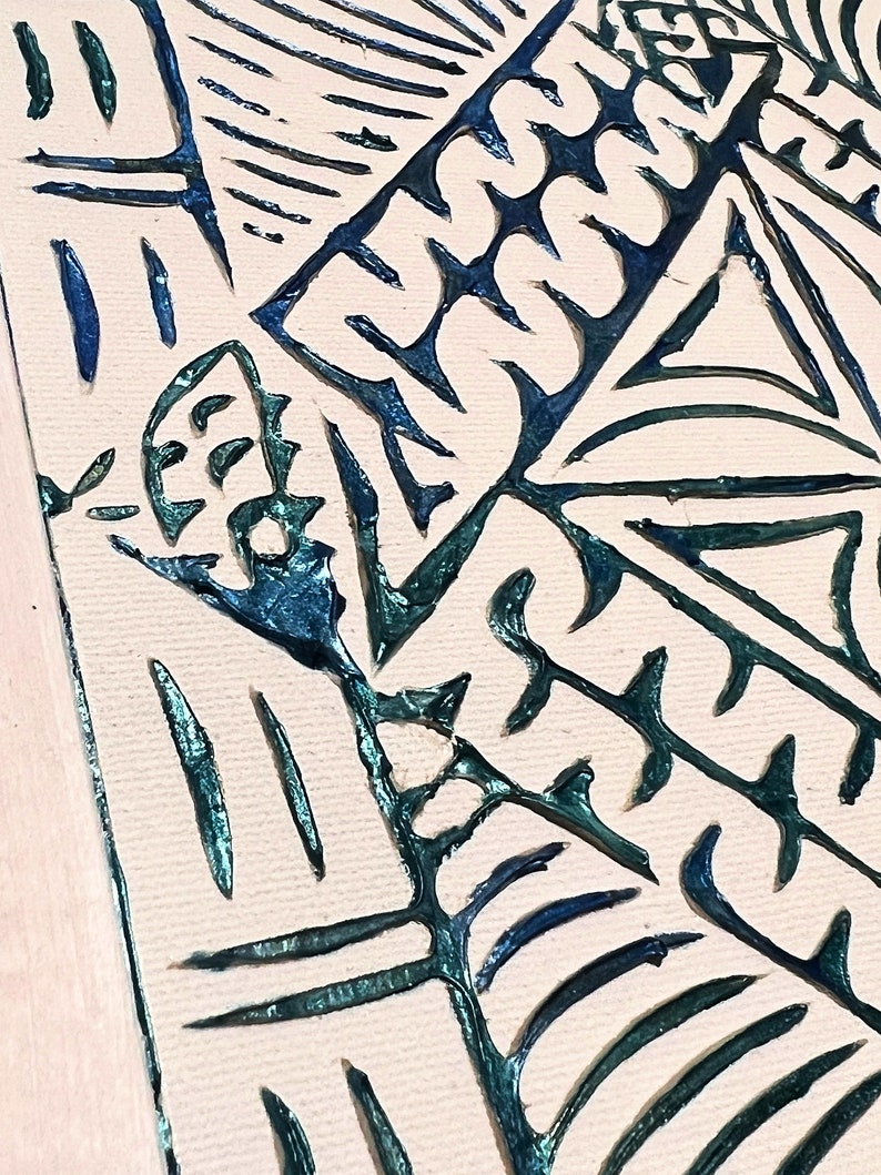3D Textur Tapa Tuch Traditionelles Muster aus ECHT Holz Siapo Schablone Blau/Petrol Leinwand Bild 2