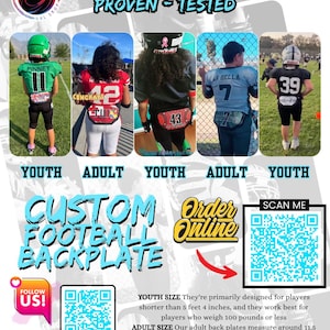 May include: A custom football backplate display featuring five athletes wearing different colored jerseys and backplates. The image includes the text LilBrownGalShop, PROVEN-TESTED, CUSTOM FOOTBALL BACKPLATE, Order Online, and two QR codes for scanning.