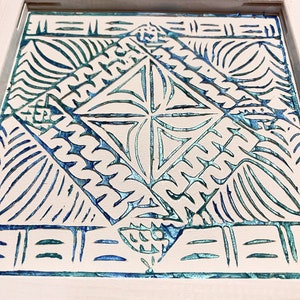 3D Textur Tapa Tuch Traditionelles Muster aus ECHT Holz Siapo Schablone Blau/Petrol Leinwand Bild 5