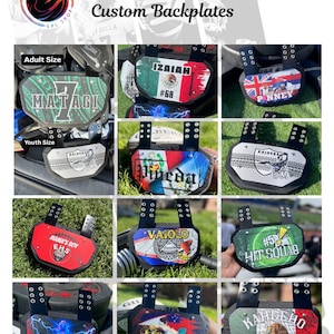 May include: A collection of custom football backplates from LilBrownGalShop featuring various designs, including national flags, team logos, player names, and numbers. The backplates are shown in adult and youth sizes with black straps and hardware.