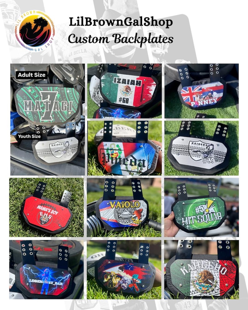 May include: A collection of custom football backplates from LilBrownGalShop featuring various designs, including national flags, team logos, player names, and numbers. The backplates are shown in adult and youth sizes with black straps and hardware.