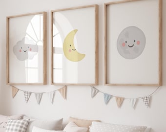 Gender Neutral Cloud Moon and Sun Set of 3 Prints, Boy Nursery Decor, PRINTABLE Wall Art, Boho Kids Room Decor, Colorful, DIGITAL DOWNLOAD