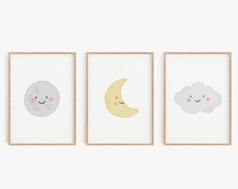 Gender Neutral Cloud Moon and Sun Set of 3 Prints, Boy Nursery Decor, PRINTABLE Wall Art, Boho Kids Room Decor, Colorful, DIGITAL DOWNLOAD