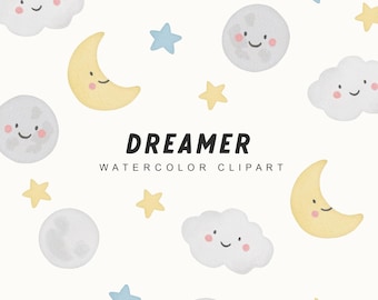May include: Watercolor clipart featuring a whimsical design of clouds, moons, and stars. The design is perfect for creating a dreamy and magical atmosphere. The text "DREAMER WATERCOLOR CLIPART" is included in the image.