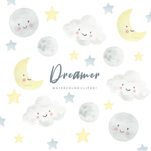 Moon Star Watercolor Clipart Set, Baby Invitation Watercolour Clip Art, Digital Download, Nursery Decor, Newborn, Pastel Rainbow Cute Kawaii