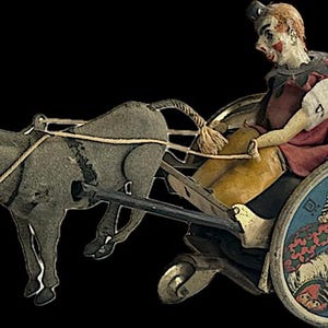 Brinquedo antigo de lata de corda, palhaço em carroça puxada por burro, 1907, feito na Alemanha