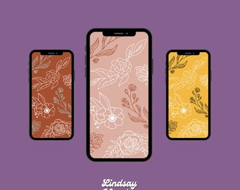 3 Boho iPhone Wallpapers Digital Download , Pink Blue Aesthetic Wallpaper iPhone , Flower wallpaper , Neutral Phone Background