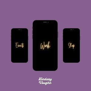 May include: Three black smartphone mockups with white text on a purple background. The text on the phones reads "Events", "Work", and "Shop". The text "Lindsay Vaughn" is written in a white cursive font below the phones.