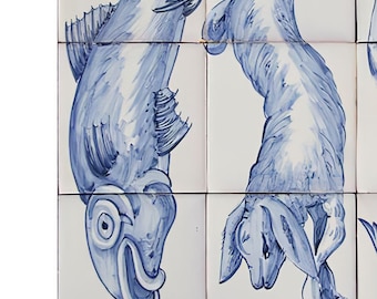 Revestimiento de azulejos para cocina - Azulejos portugueses pintados a mano "Carne colgante" / Ref. PT2332