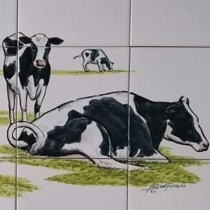 Kitchen Splashback Tiles - Hand Painted Tile Mural &quot;Cows&quot; | Ref. PT2237
