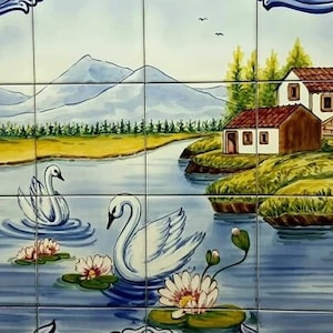 Swan Hand Painted Tile Mural - Portuguese Tiles | Ref. PT2387