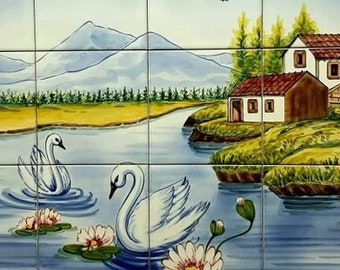 Salpicadero de azulejos Swan - Azulejos portugueses pintados a mano / Ref. PT2387
