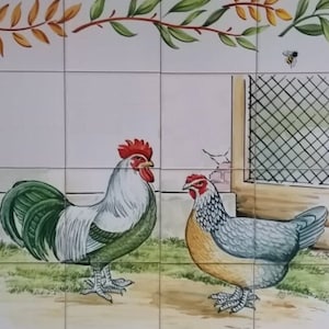 Kitchen Tile Backsplash - Hand Painted Portuguese Tiles "Rooster & Chicken" | Ref. PT2217