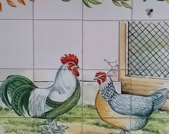 Kitchen Tile Backsplash - Hand Painted Portuguese Tiles "Rooster & Chicken" | Ref. PT2217