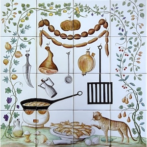 Hand Painted Kitchen Tile Backsplash &quot;Cat in the Kitchen&quot; | Ref. PT2149