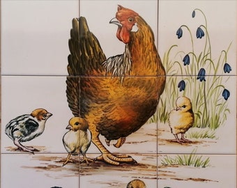 Azulejos de cozinha pintados à mão "Galinha e Pintinhos" - Azulejos Portugueses | Ref. PT2409