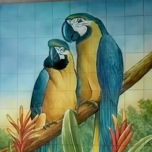 Outdoor Tile Mural - Hand Painted & Signed by Artist &quot;Parrots&quot; | Ref. PT2325