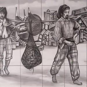 Black and White Tile Mural &quot;Fishermen&quot; Portuguese Tiles | Ref. PT2050