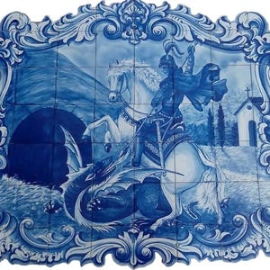 Portuguese Tile Mural - Hand Painted - Indoor/Outdoor Tiles &quot;Saint George&quot; | Ref. PT2358