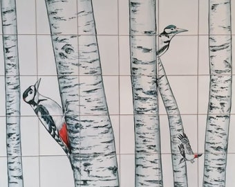 Dekorative Fliesen Wandbild - Handgemalt - Innen/Außen - Portugisische Fliesen ""Spechte"" | Art.-Nr. PT2049