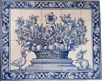Hand Painted Portuguese Tile Mural "Fruit and Flower Basket, Rabbit and Duck" | Ref. PT2189