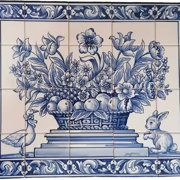 Hand Painted Portuguese Tile Mural "Fruit and Flower Basket, Rabbit and Duck" | Ref. PT2189