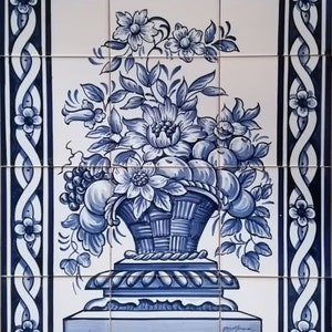 Hand Painted Tile Mural &quot;Blue Flower Basket&quot; Portuguese Tiles | Ref. PT2043