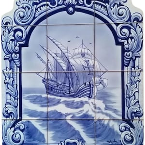 Shower wall Tile Mural - Hand Painted - Portuguese Tiles &quot;Ship&quot; | Ref. PT2209