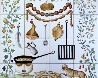 Azulejos portugueses pintados a mano con diseño de gato en la cocina / Ref. PT2149