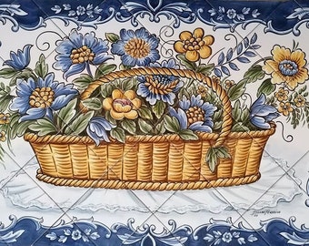 "Diagonales portugiesisches Fliesenbild ""Blumenkorb"" - Handgemaltes Wandbild ""Blumenkorb"" | Art.-Nr. PT2414