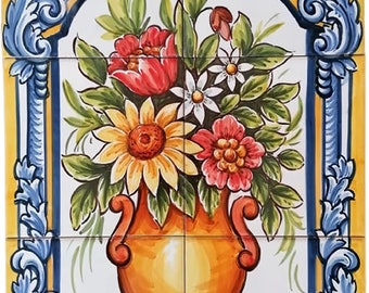 Flower Vase Mural Tiles - Hand Painted - Portuguese Tiles | Ref. PT2353