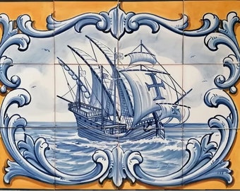 Portuguese Azulejos Tile Mural -  Kitchen/Bathroom/Outdoor Tiles - Hand Painted & Signed by Artist "Ship" | Ref. PT2279