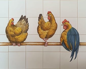Revestimiento de azulejos para cocina - Azulejos portugueses pintados a mano "Pollo" / Ref. PT2258