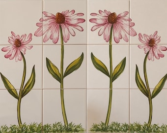 Azulejos con diseño de equinácea - Pintados a mano y firmados - Azulejos portugueses / Ref. PT2356