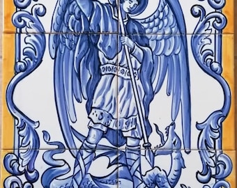 São Miguel Arcanjo Tile Mural, Hand Painted Portuguese Ceramic, Religious Wall Art | Ref. PT2098