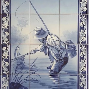 Portuguese Tile Mural - Indoor/Outdoor Tiles - Hand Painted & Signed by Artist &quot;Fisherman&quot; | Ref. PT2236