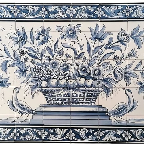 Portuguese Hand Painted Tile Mural - Blue Fruit and Flower Basket | Ref. PT2273