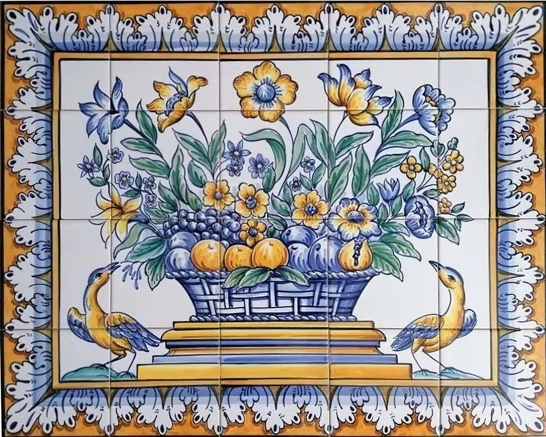 Portuguese Tile Backsplash - Hand Painted - Fruit and Flower Basket ...