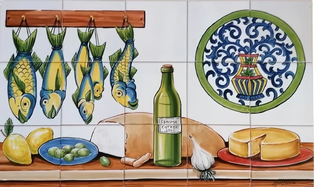 Portuguese Tile Backsplash Hand Painted Tiles fish, Wine & Cheese Ref ...