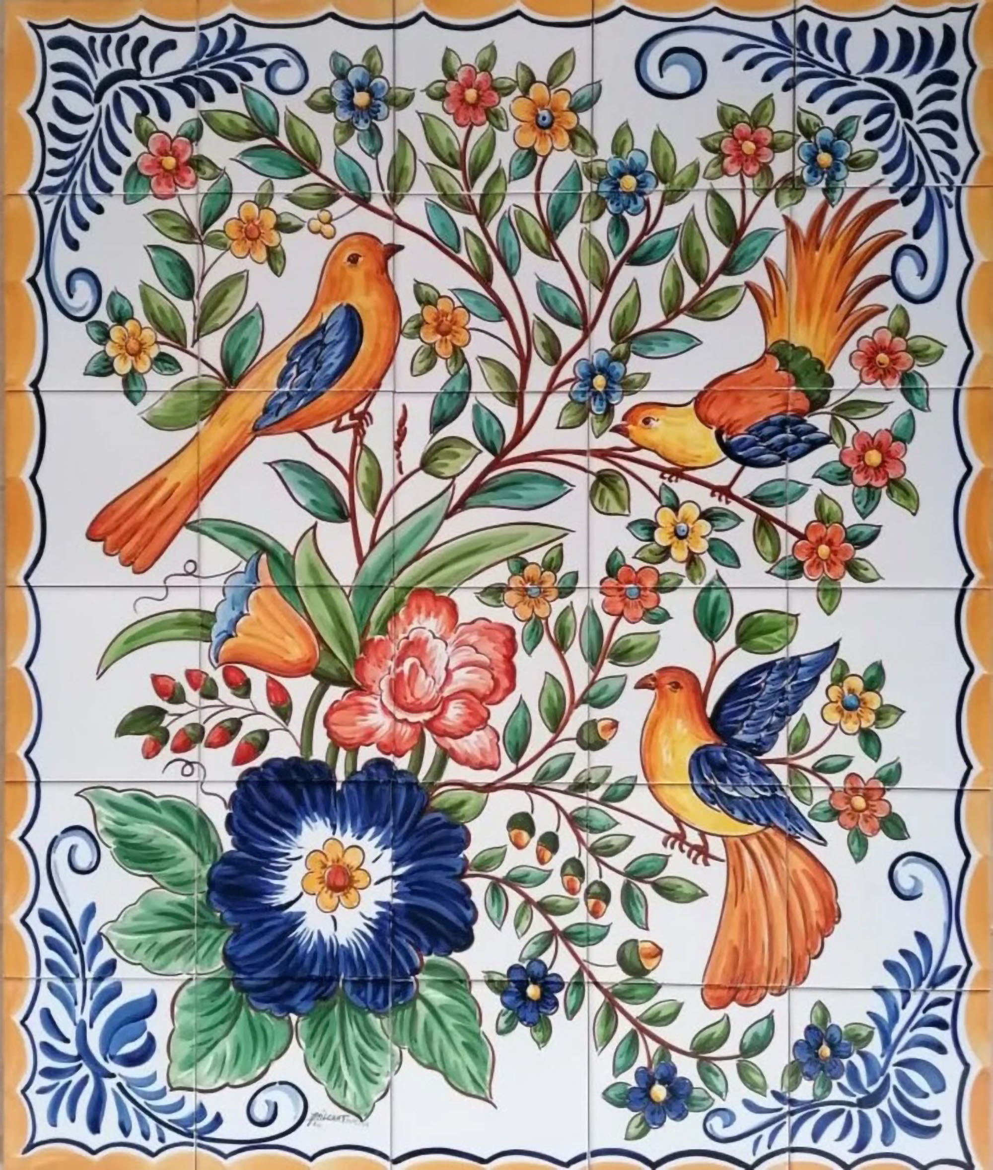 Bathroom Tile Mural - Hand Painted & Signed by Artist "Flowers and Birds" Portuguese Tiles | Ref. PT2103
