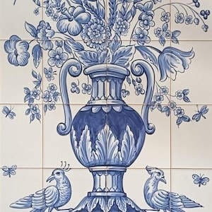 Blue Flower Tile Mural "Flower Vase & Birds" Portuguese Tiles | Ref. PT2004