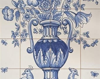 Blauwe bloemenvaas en vogels tegelmuurschildering - handgeschilderde tegels | Ref. PT2004: