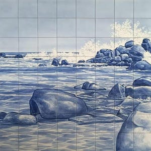 Large Blue Tile Backsplash - Hand Painted - Indoor/Outdoor - Portuguese Tiles &quot;Sea&quot; | Ref. PT2249